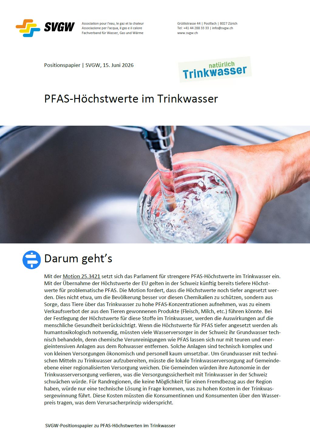 Positionspapier: «PFAS-Höchstwerte im Trinkwasser»