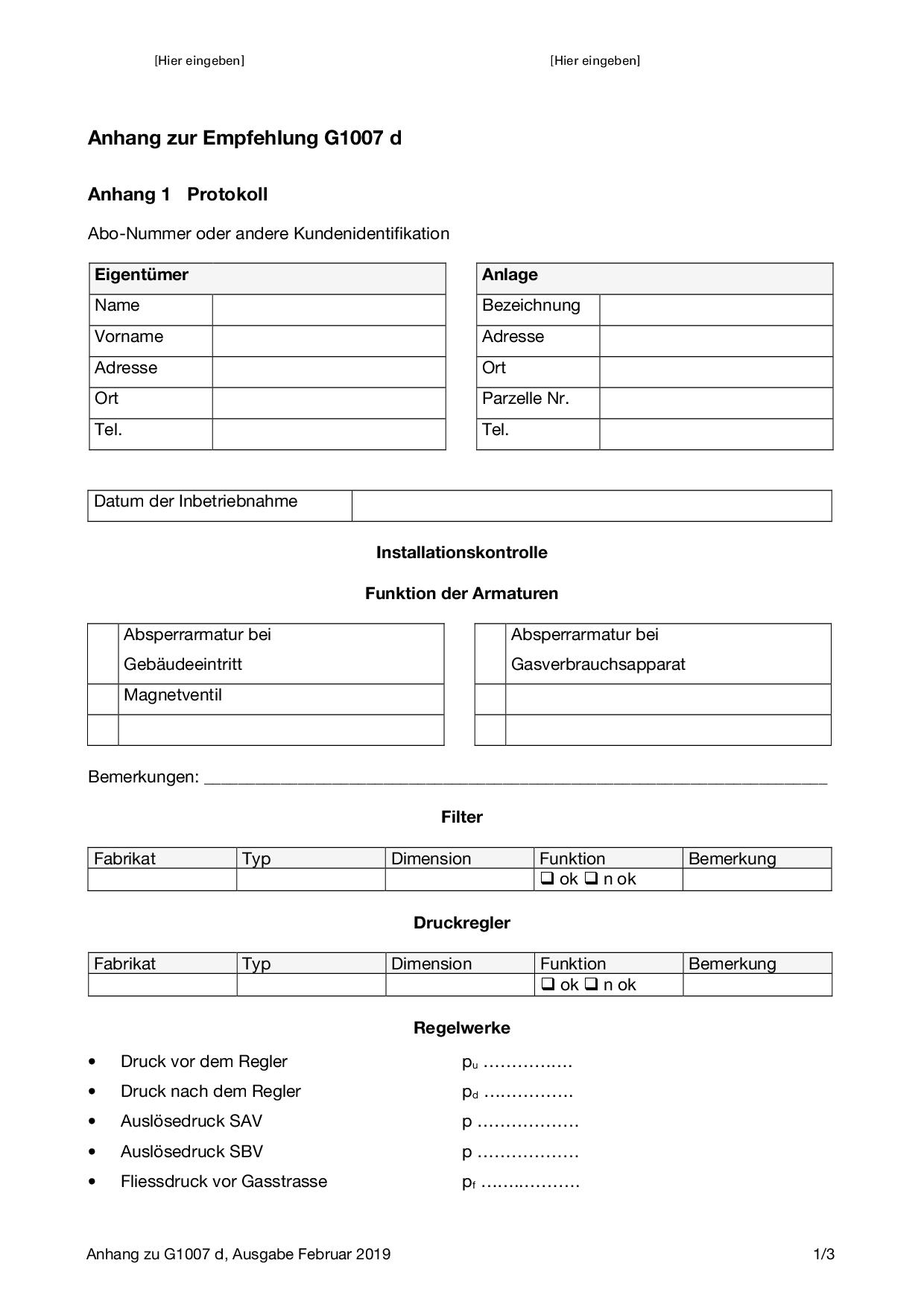 G1007 d Anhang: Empfehlung für die Durchführung von periodischen Sicherheitskontrollen an Erdgasinstallationen