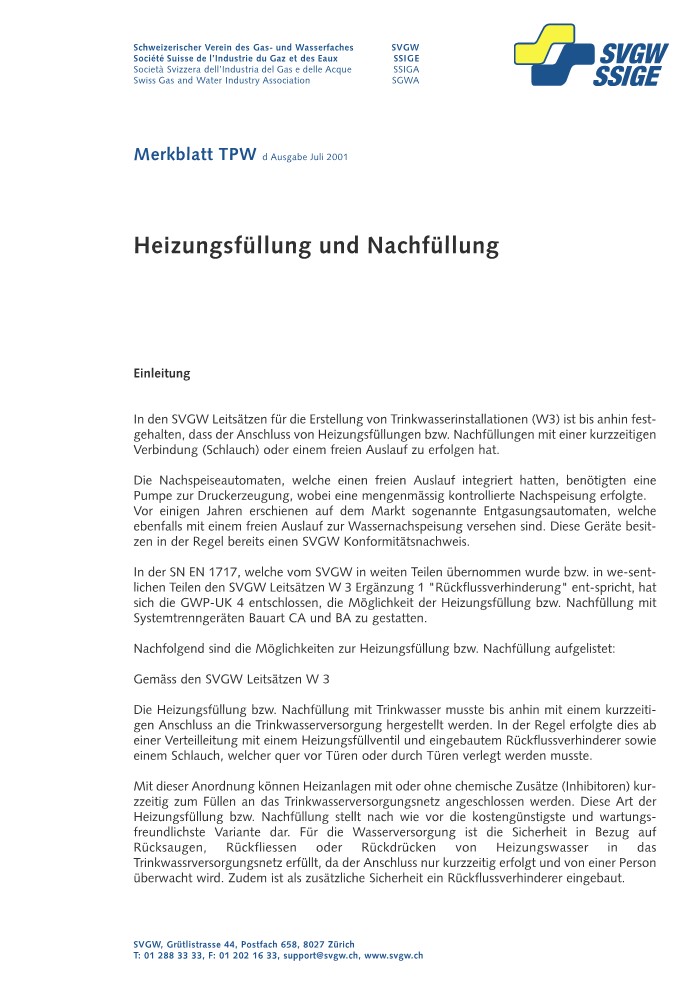 W10003 d Merkblatt; Heizungsfüllung und Nachfüllung