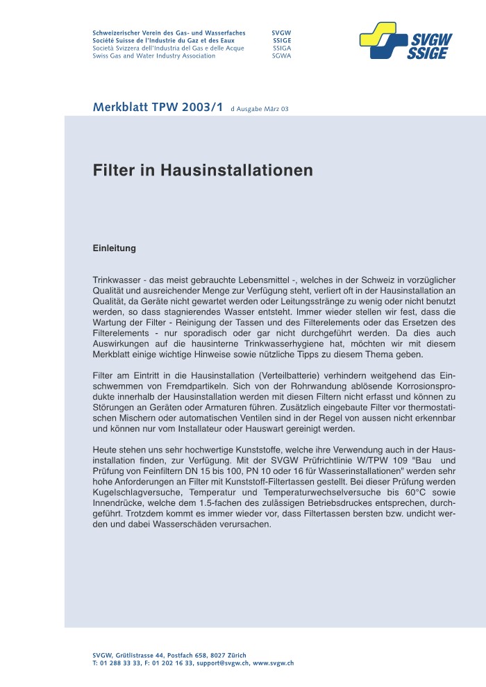 W10004 d Merkblatt; Filter in Hausinstallationen