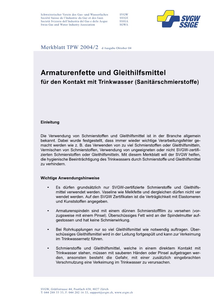 W10007 d Merkblatt; Armaturenfette und Gleithilfsmittel für den Kontakt mit Trinkwasser