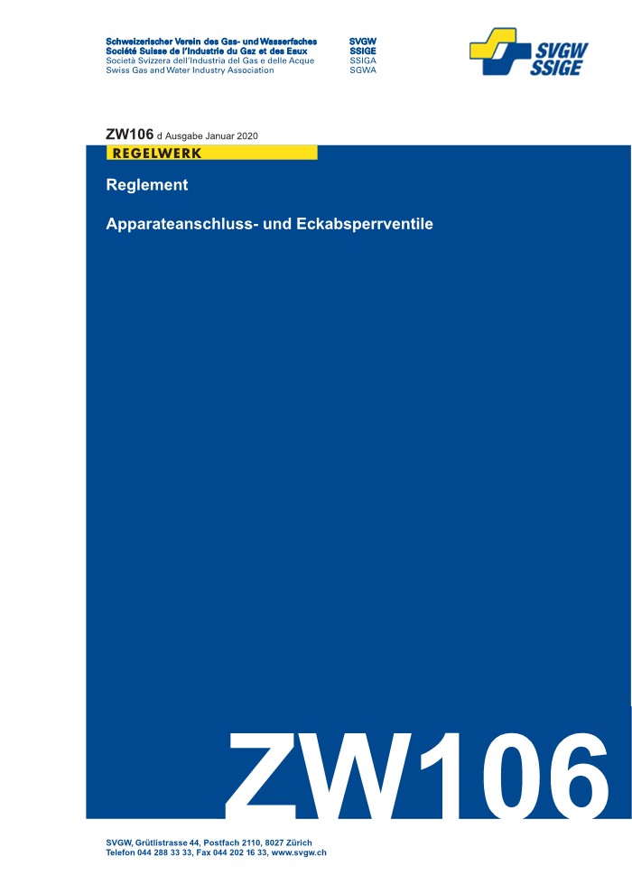 ZW106 d - Reglement; Apparateanschluss- und Eckabsperrventile