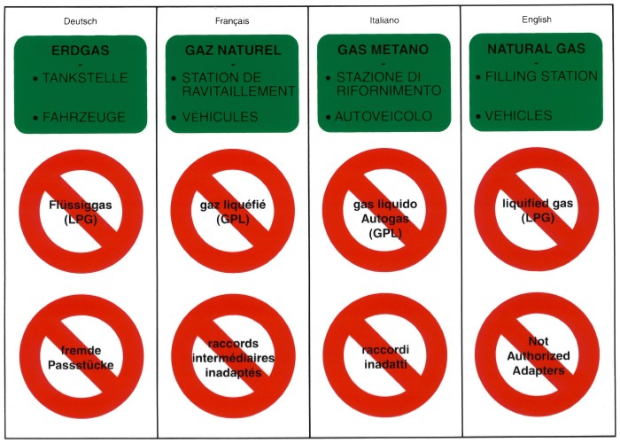 G; Hinweisschild und Sprachtabelle;
«Komprimiertes Erdgas - Kein Flüssiggas» (Download)