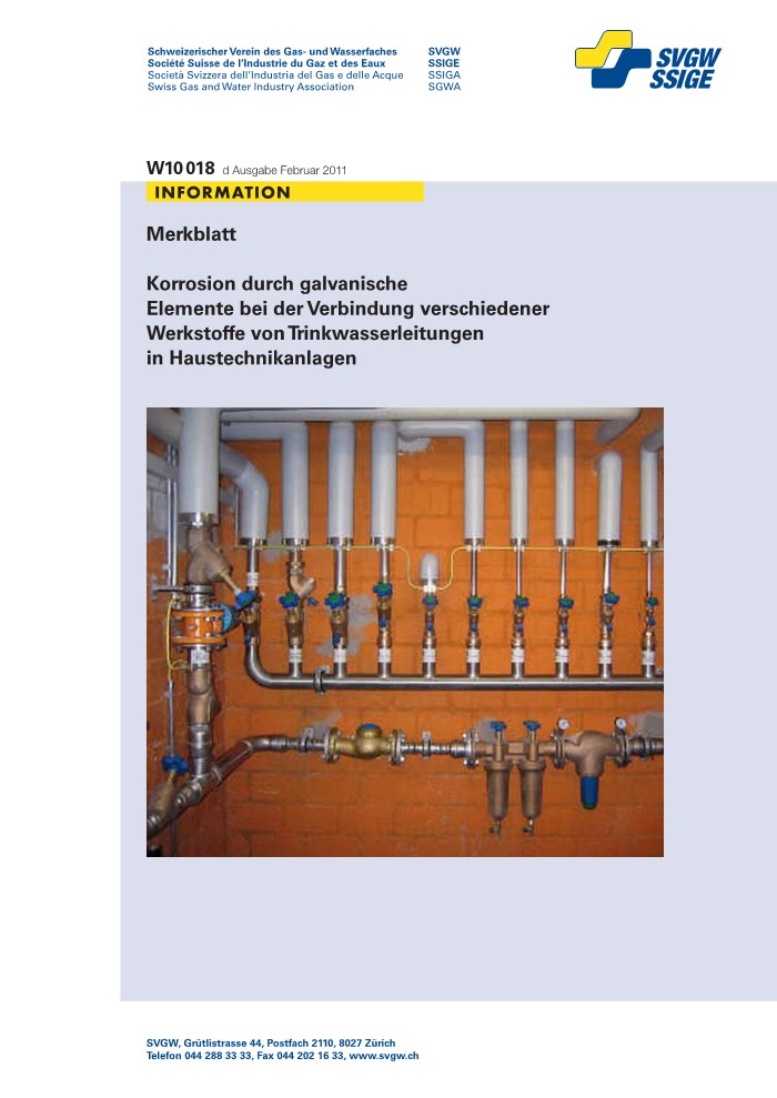 W10018 d Merkblatt; Korrosion durch galvanische Elemente bei der Verbindung verschiedener Werkstoffe von Trinkwasserleitungen in Haustechnikanlagen (1)