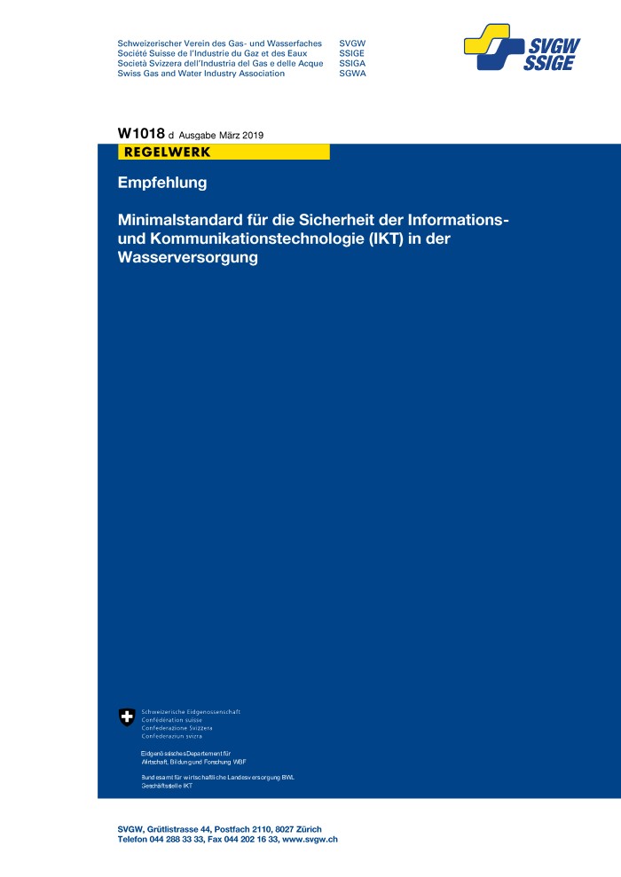 W1018 d Empfehlung; Minimalstandard für die Sicherheit der Informations- und Kommunikationstechnologie (IKT) in der Wasserversorgung