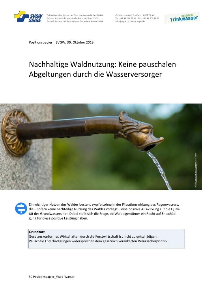 Positionspapier: «Nachhaltige Waldnutzung: Keine pauschalen Abgeldungen durch die Wasserversorger»