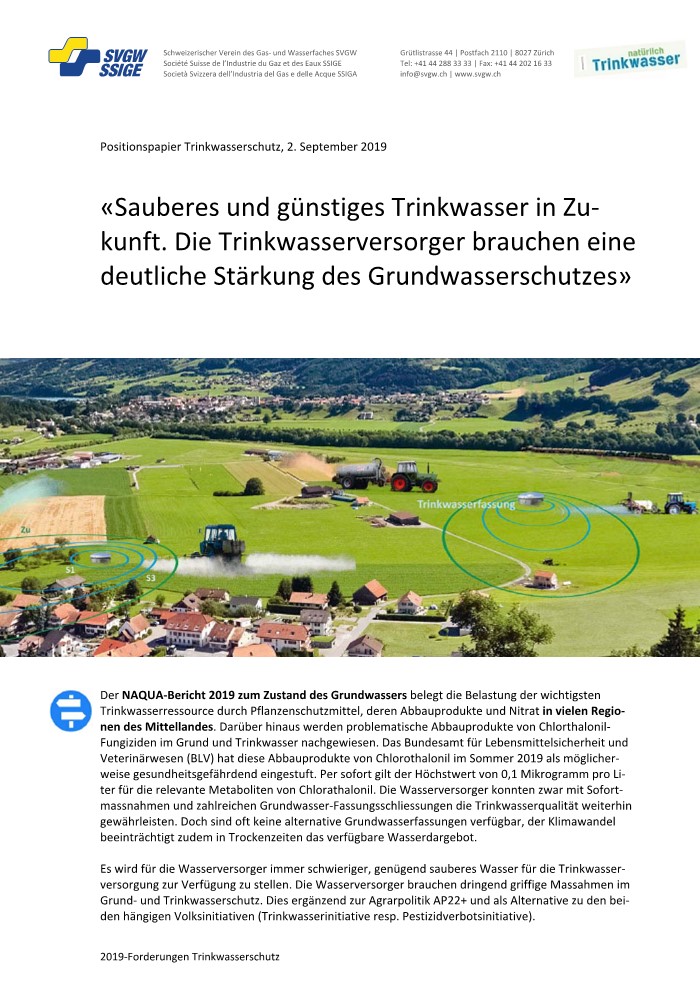 Positionspapier: «Sauberes und günstiges Trinkwasser in Zukunft. Die Trinkwasserversorger brauchen eine deutliche Stärkung des Grundwasserschutzes»