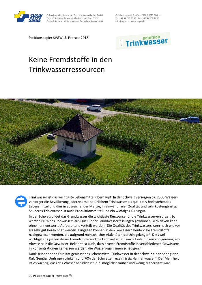 Positionspapier: «Keine Fremdstoffe in den Trinkwasserressourcen»