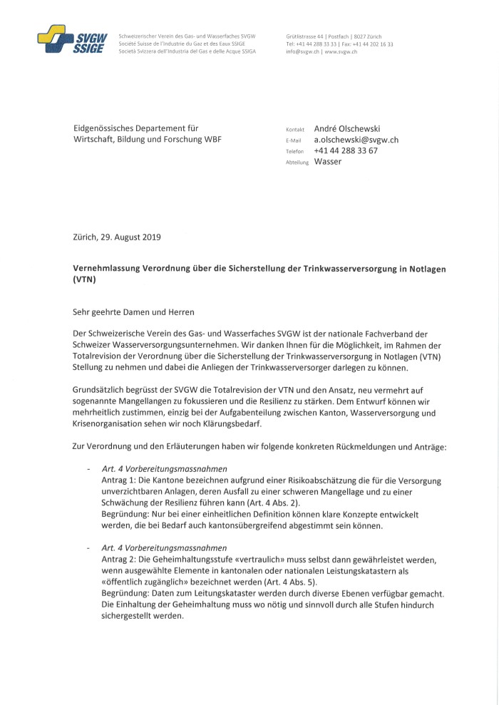 Stellungnahme: «Trinkwasserversorgung in Notlagen VTN» 08/2019