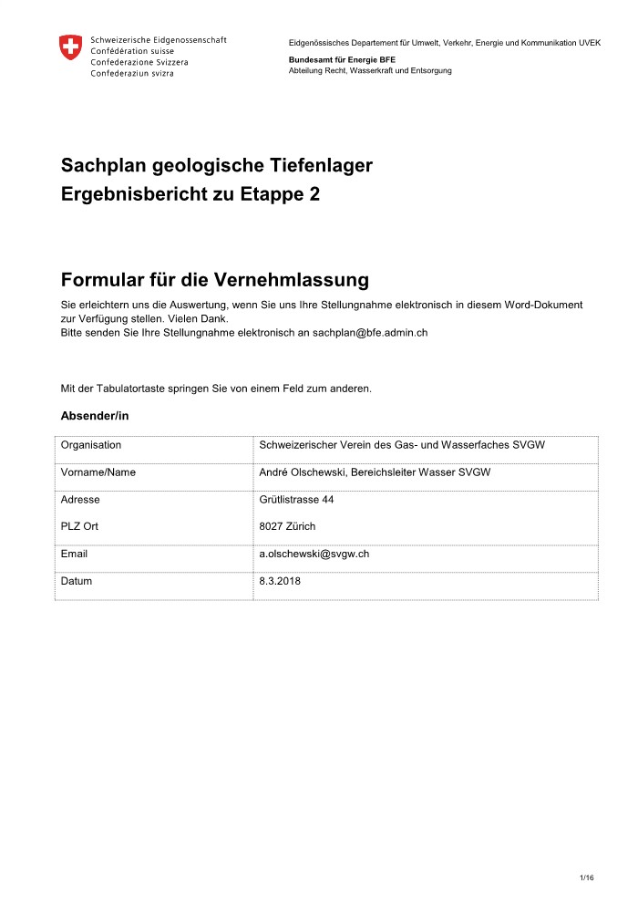 Stellungnahme: «Sachplan geolog. Tiefenlager; Ergebnisbericht zu Etappe 2» 03/2018