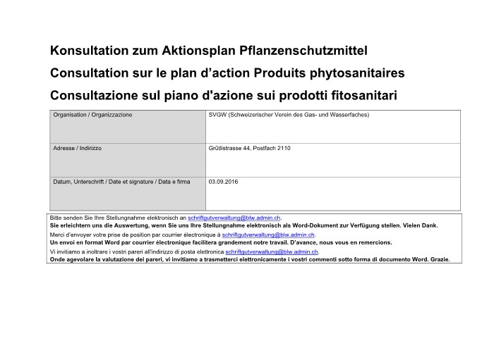 Stellungnahme: «Aktionsplan Pflanzenschutzmittel» 09/2016