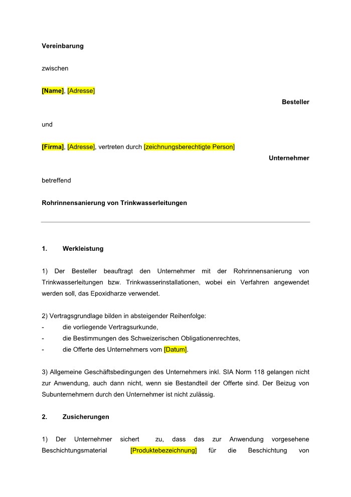 Vereinbarung «Rohrinnensanierung von Trinkwasserleitungen»