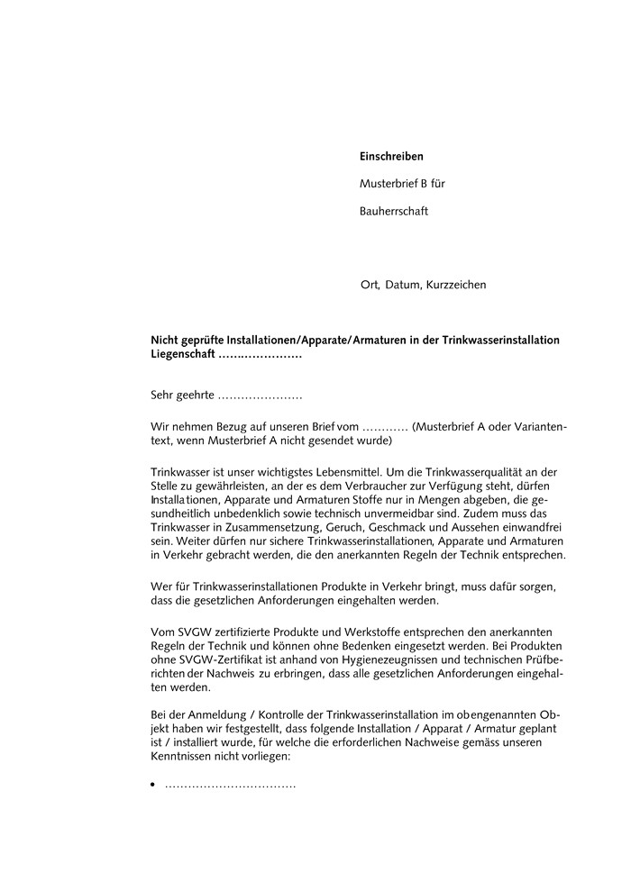 Musterbrief (B) an Installateure und Eigentümer bei Verwendung von nicht SVGW zertifizierten Produkten