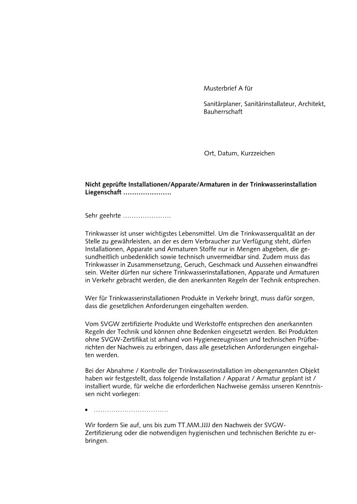 Musterbrief (A) an Installateure und Eigentümer bei Verwendung von nicht SVGW zertifizierten Produkten