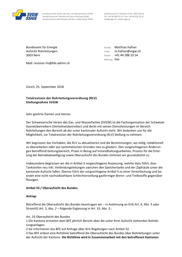 Stellungnahme: «Totalrevision der Rohrleitungsverordnung (RLV)» 09/2018