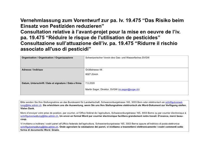 Stellungnahme: pa. lv. 19.475 «Das Risiko beim Einsatz von Pestiziden reduzieren» 05/2020