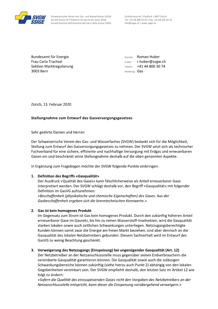 Stellungnahme zum Entwurf des Gasversorgungsgesetzes 02/2020