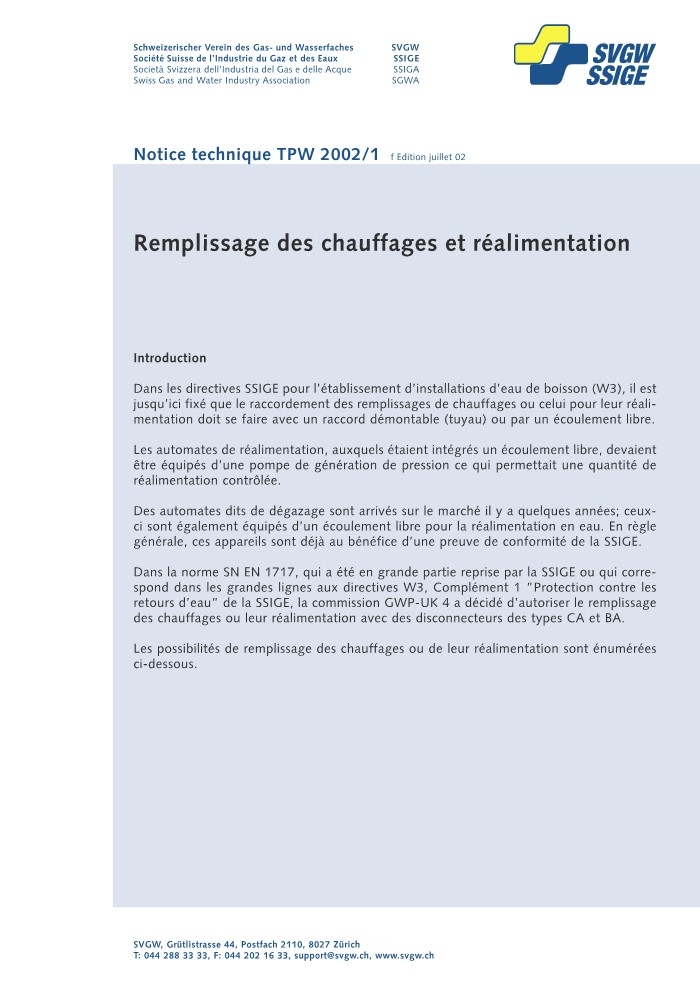 W10003 f Notice technique; Remplissage des chauffages et réalimentation