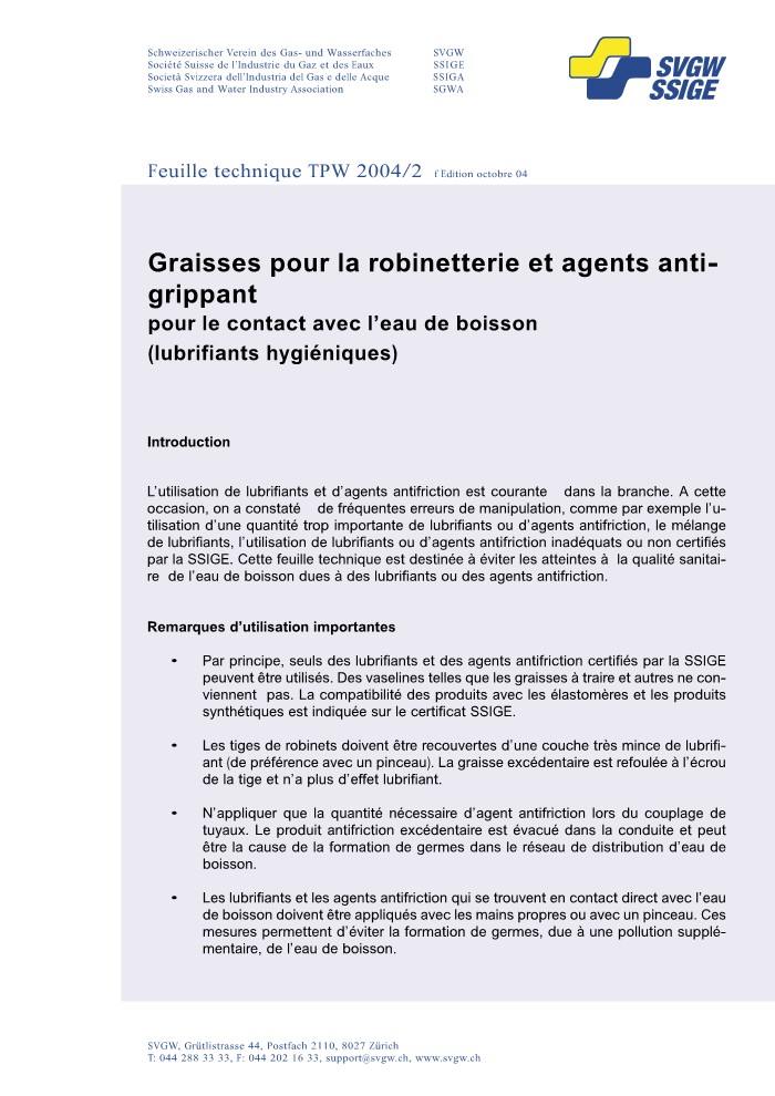 W10007 f Notice technique; Graisses pour la robinetterie et agents antigrippant pour le contact avec l'eau de boisson