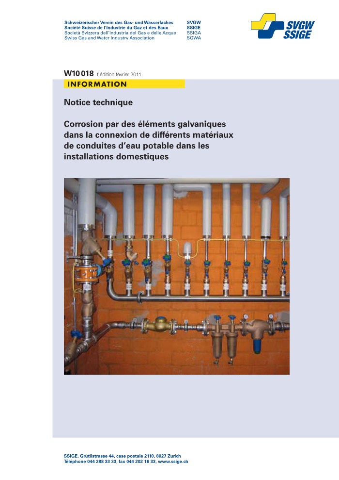 W10018 f Notice technique; Corrosion par des éléments galvaniques dans la connexion de différents matériaux de conduites d'eau potable dans les installations domestiques (1)