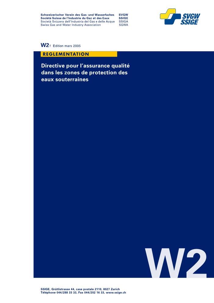 W2 f Directive pour l'assurance qualité dans les zones de protection des eaux souterraines (1)
