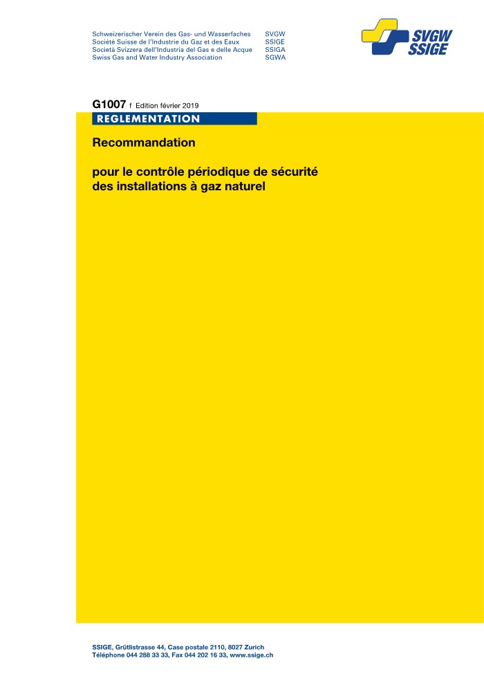 G1007 f Recommandation pour le contrôle périodique de sécurité des installations à gaz naturel