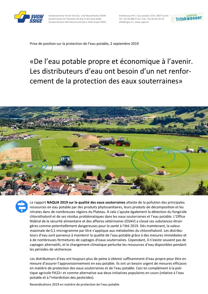 Prise de position: «De l'eau potable propre et économique à l'avenir. Les distributeurs d'eau ont besoin d'un net renforcement de la protection des eaux souterraines»