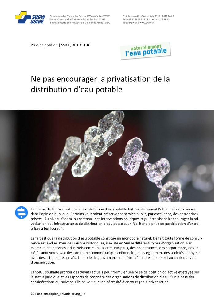 Prise de position: «Ne pas encourager la privatisation de la distribution d'eau potable»