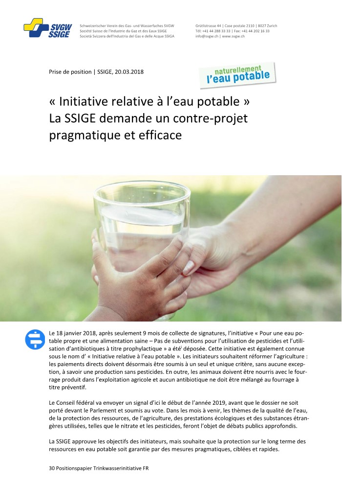 Prise de position: «Initiative relative à l'eau potable»