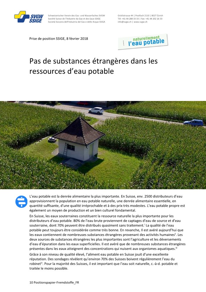 Prise de position: «Pas de substances étrangères dans les ressources d'eau potable»