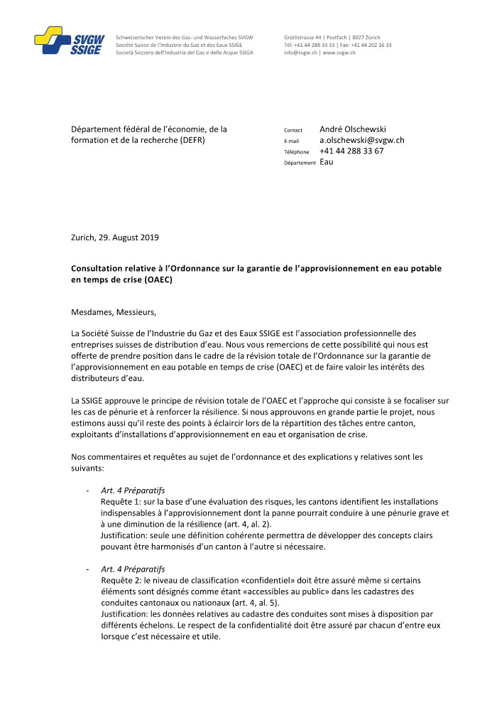 Prise de position: «Eau potable en temps de criese OAEC» 08/2019