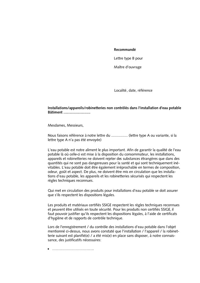 Lettre type (B) destinée aux installateurs et propriétaires qui utilisent des produits non certifiés par la SSIGE