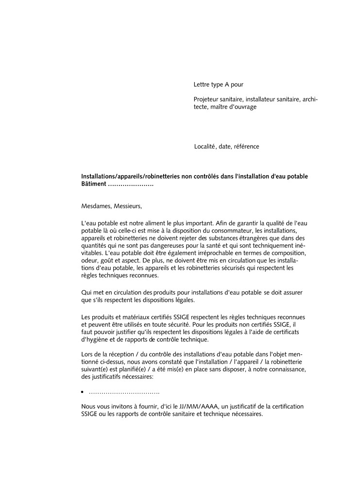 Lettre type (A) destinée aux installateurs et propriétaires qui utilisent des produits non certifiés par la SSIGE