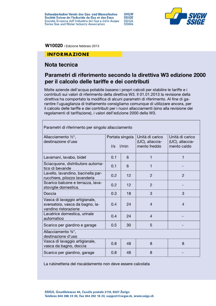 W10020 i Nota tecnica; Parametri di riferimento secondo la direttiva W3 edizione 2000 per il calcolo delle tariffe e dei contributi