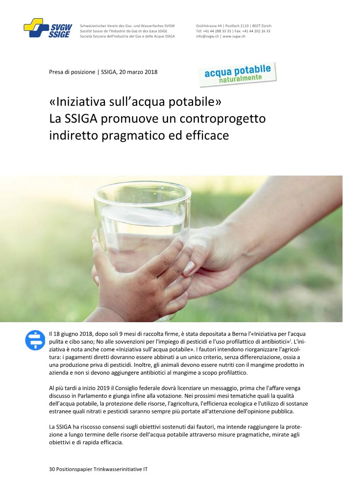 Presa di posizione: «Iniziativa sull'acqua potabile»
