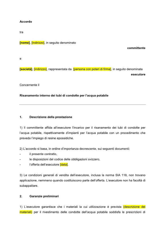 Accordo «Risanamento interno dei tubi di condotte per l’acqua potabile»