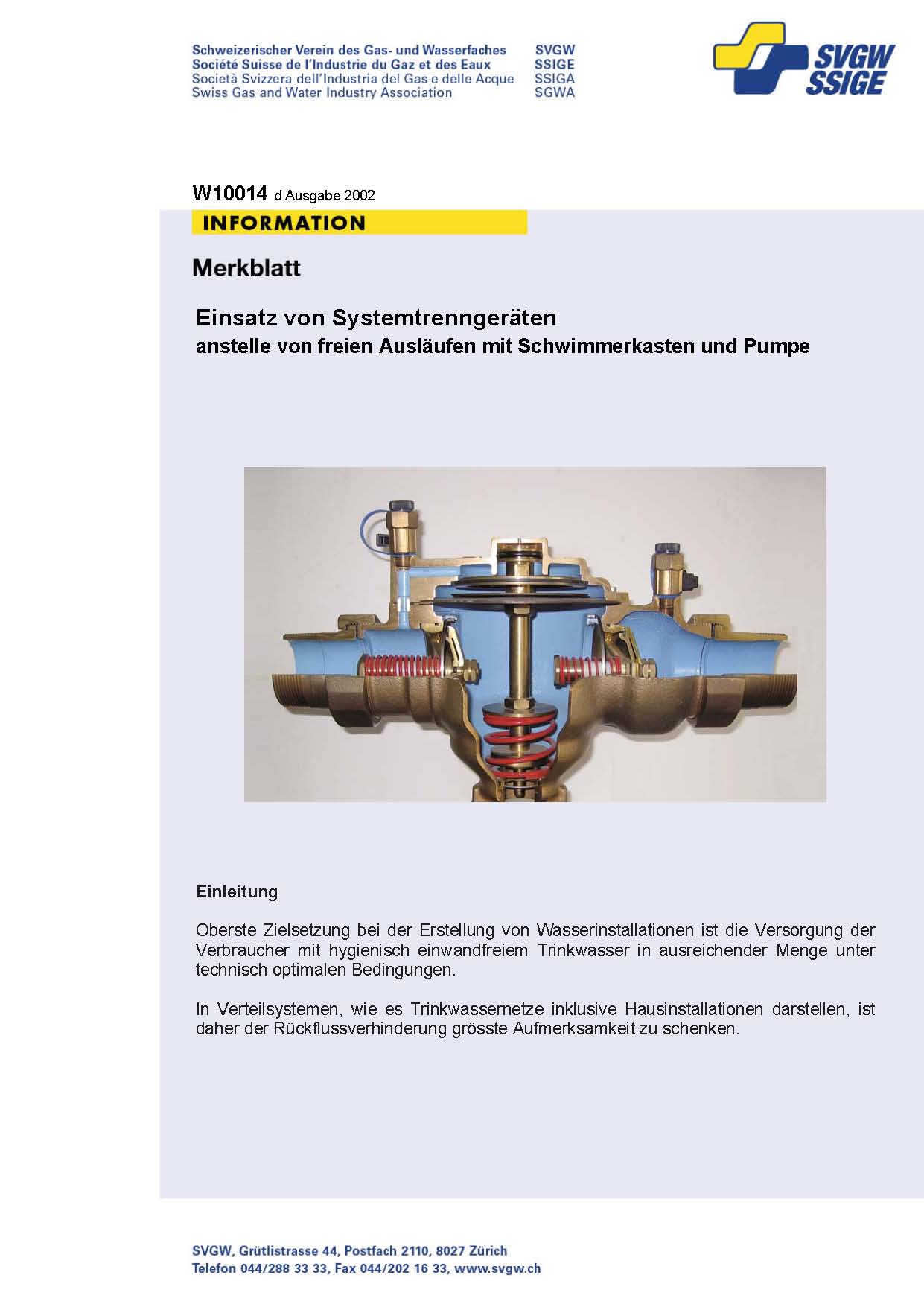 W10014 d Merkblatt; Einsatz von Systemtrenngeräten