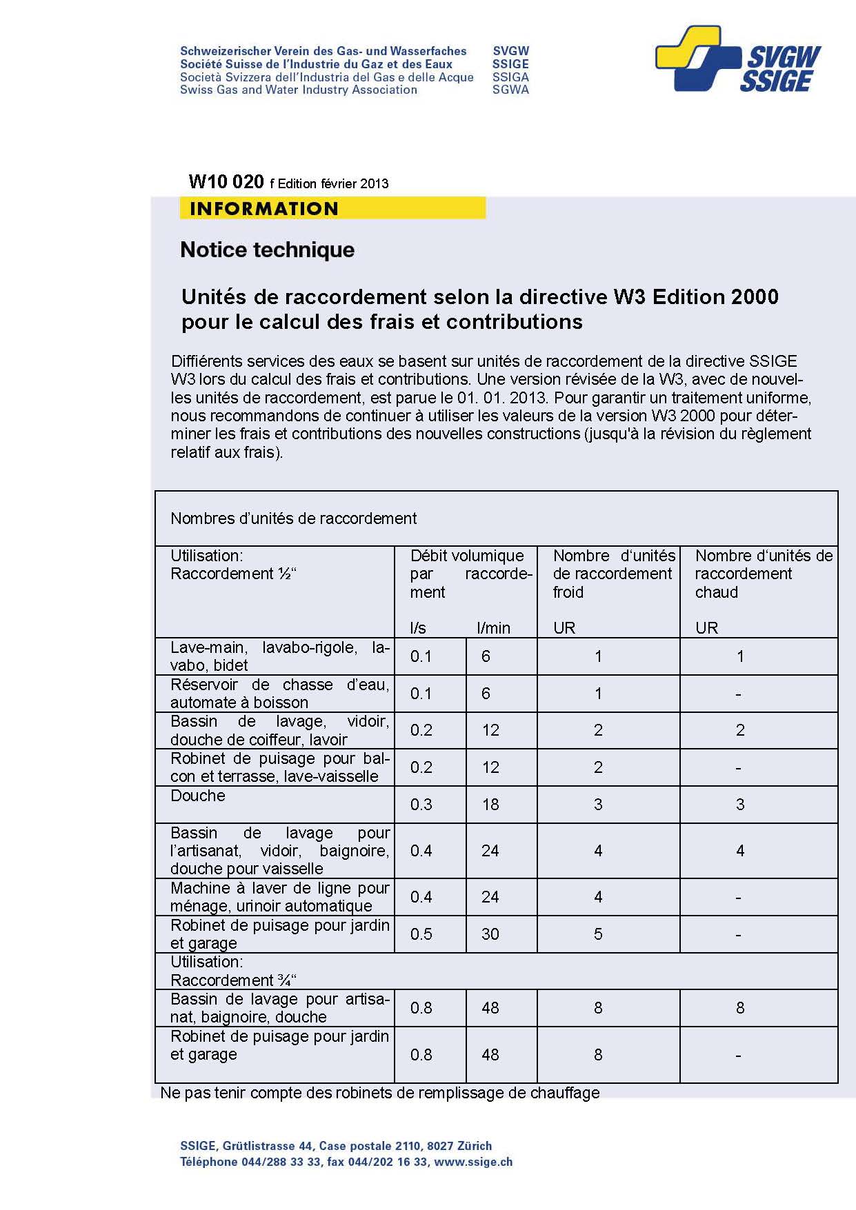 W10020 f Notice technique; Unités de raccordement selon la directive W3 Edition 2000 pour le calcul des frais et contributions