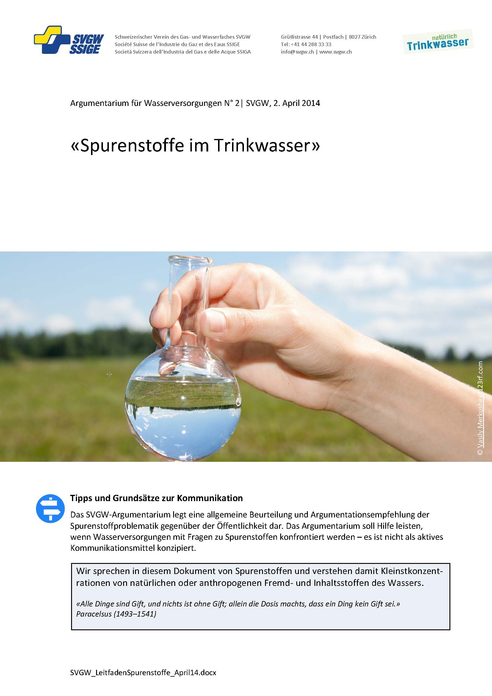 Argumentarium: «Spurenstoffe im Trinkwasser»