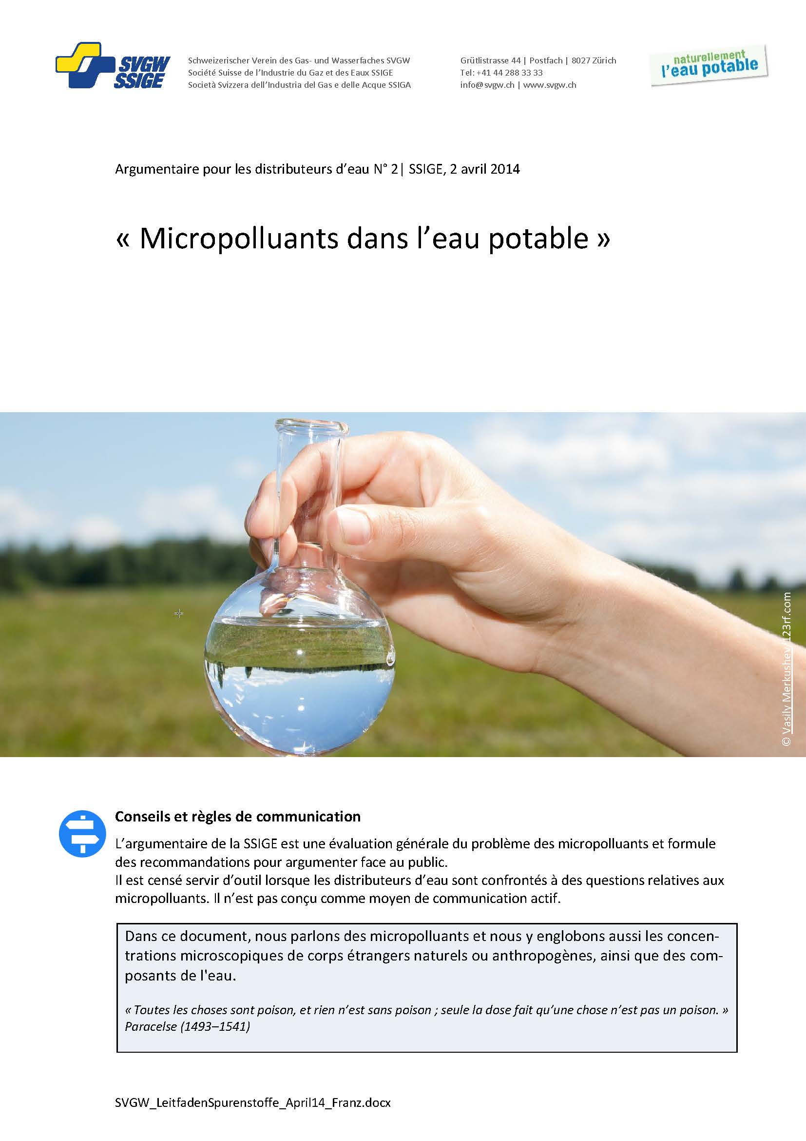 Argumentaire: «Micropolluants dans l'eau potable»