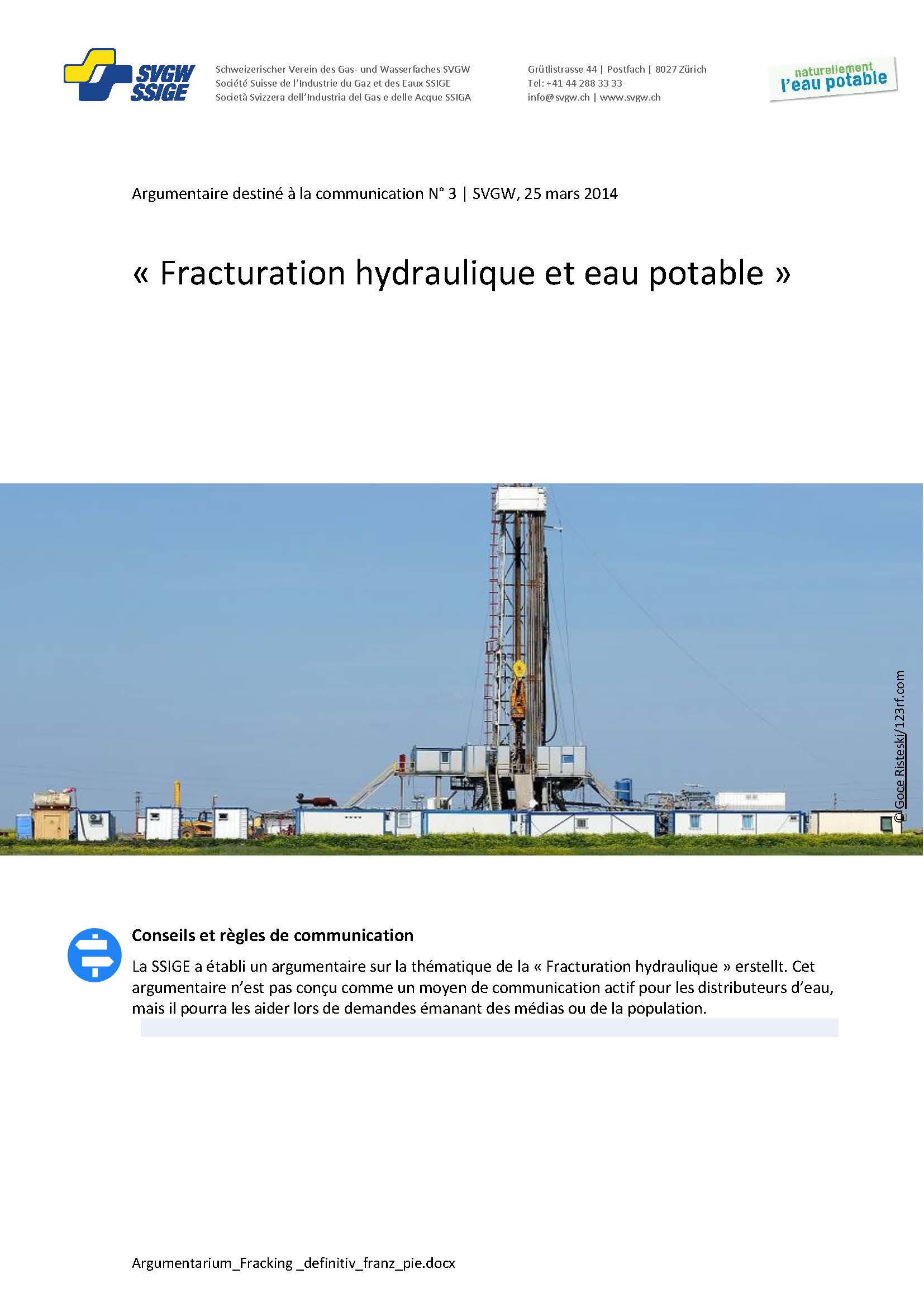 Argumentaire: «Fracturation hydraulique et eau potable»