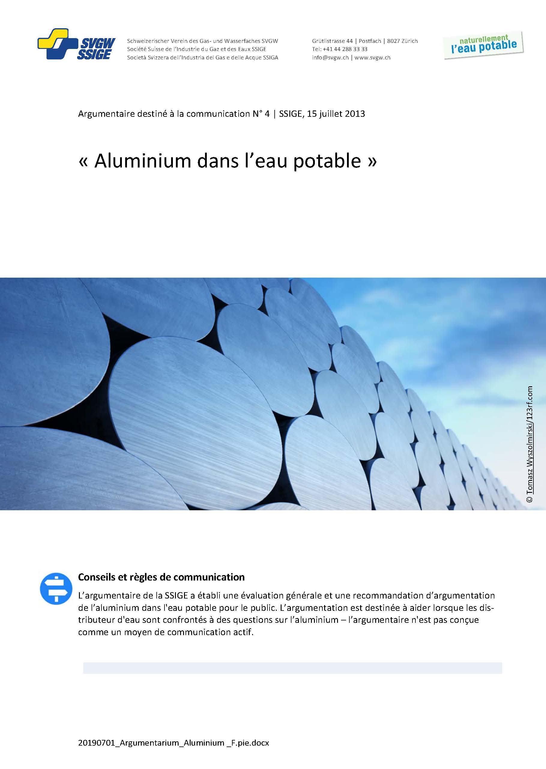 Argumentaire: «Aluminium dans l'eau potable»