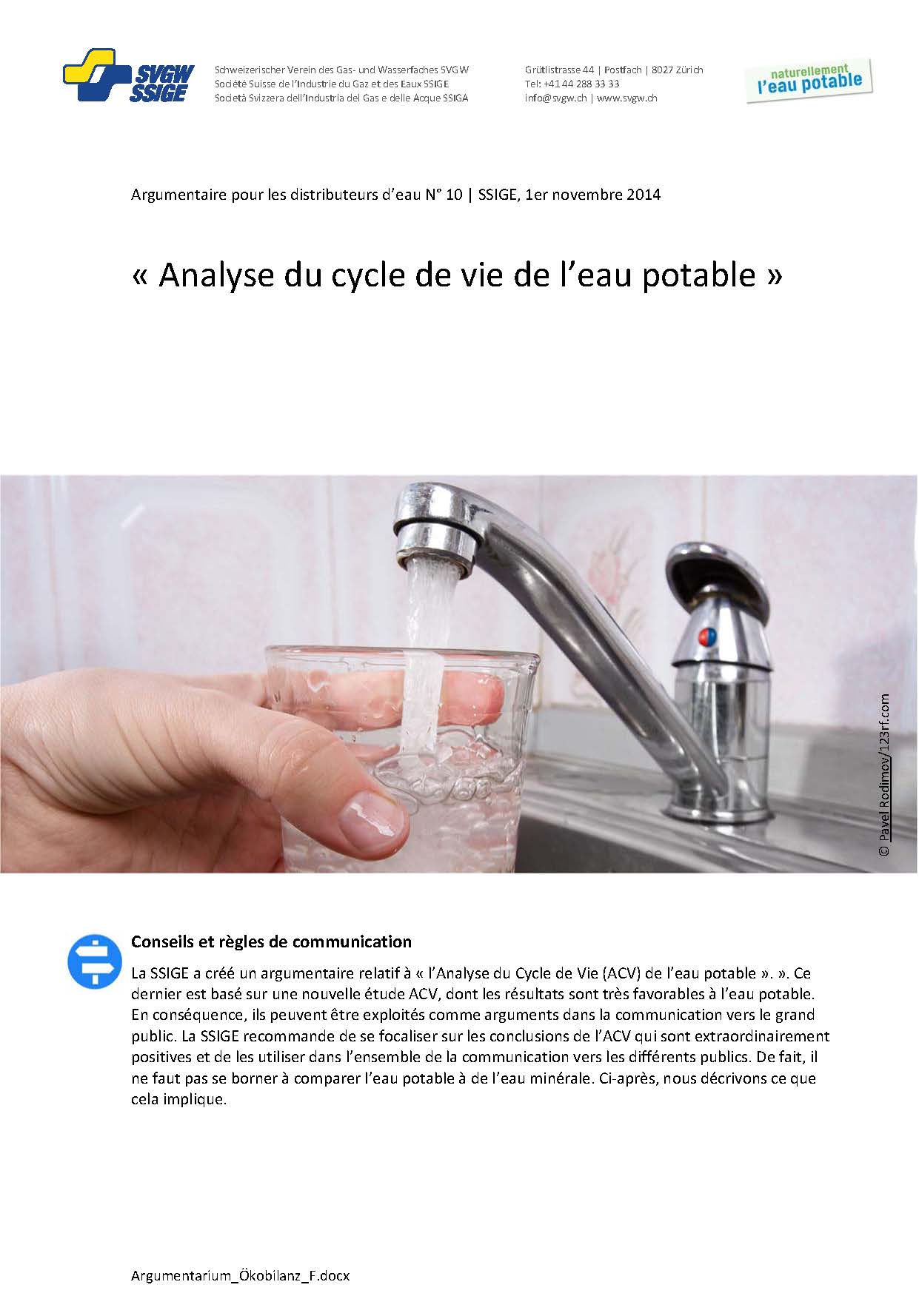 Argumentaire: «Analyse du cycle de vie de l'eau potable»