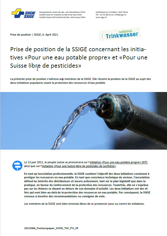Prise de position de la SSIGE concernant les initiatives «Pour une eau potable propre» et «Pour une Suisse libre de pesticides»