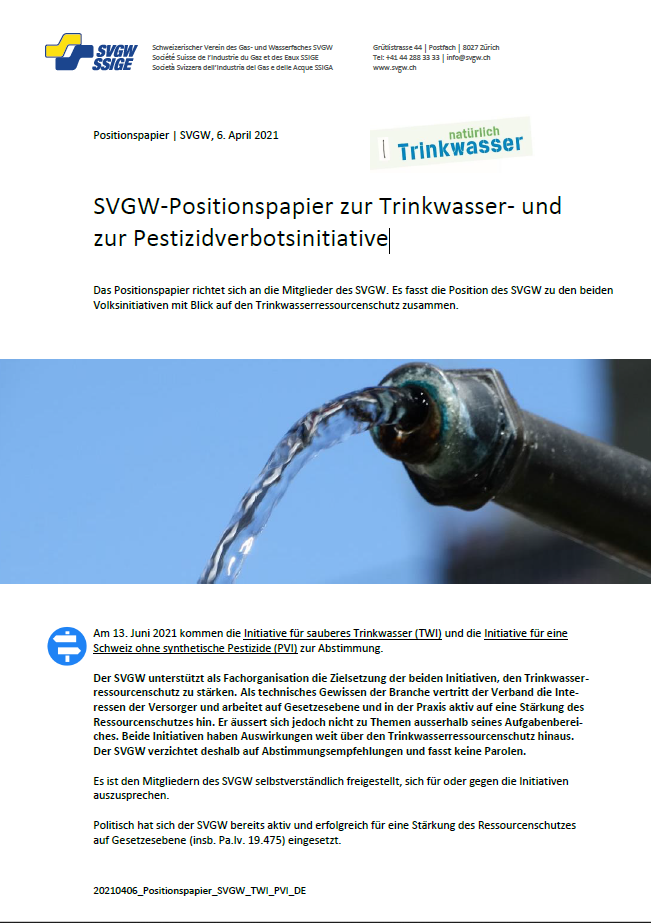 Positionspapier: «SVGW-Positionspapier zur Trinkwasser- und zur Pestizidverbotsinitiative»