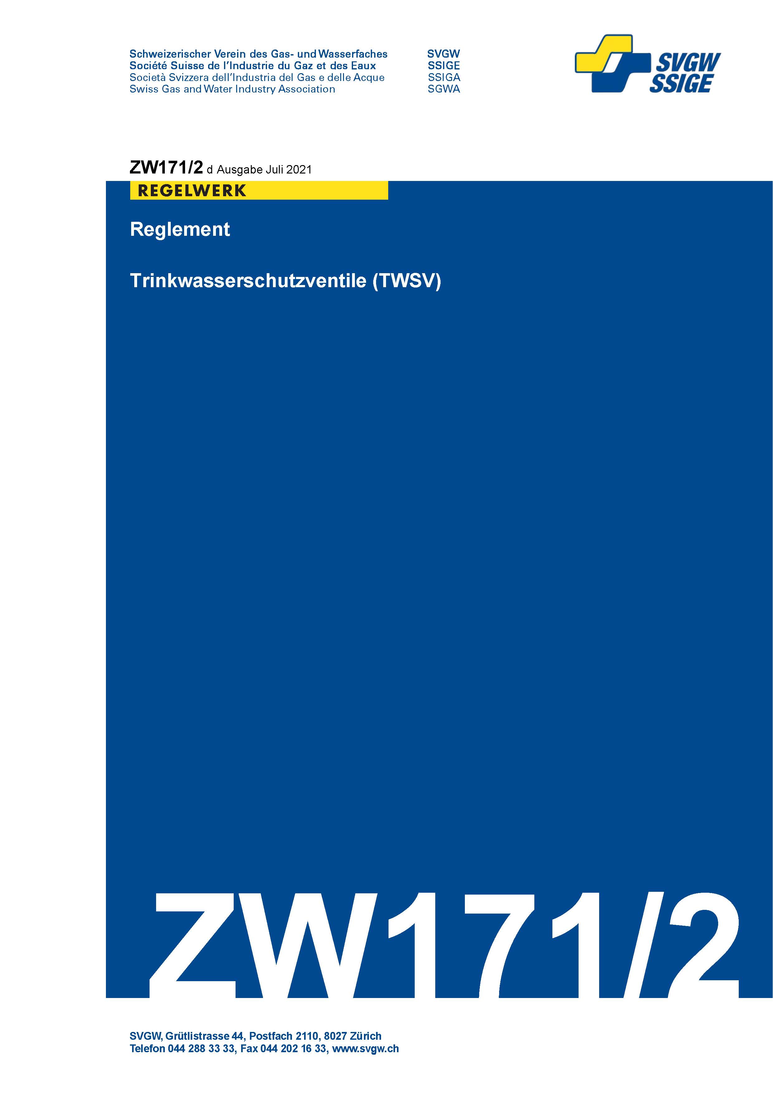 ZW171/2 d - Reglement; Trinkwasserschutzventile (TWSV)