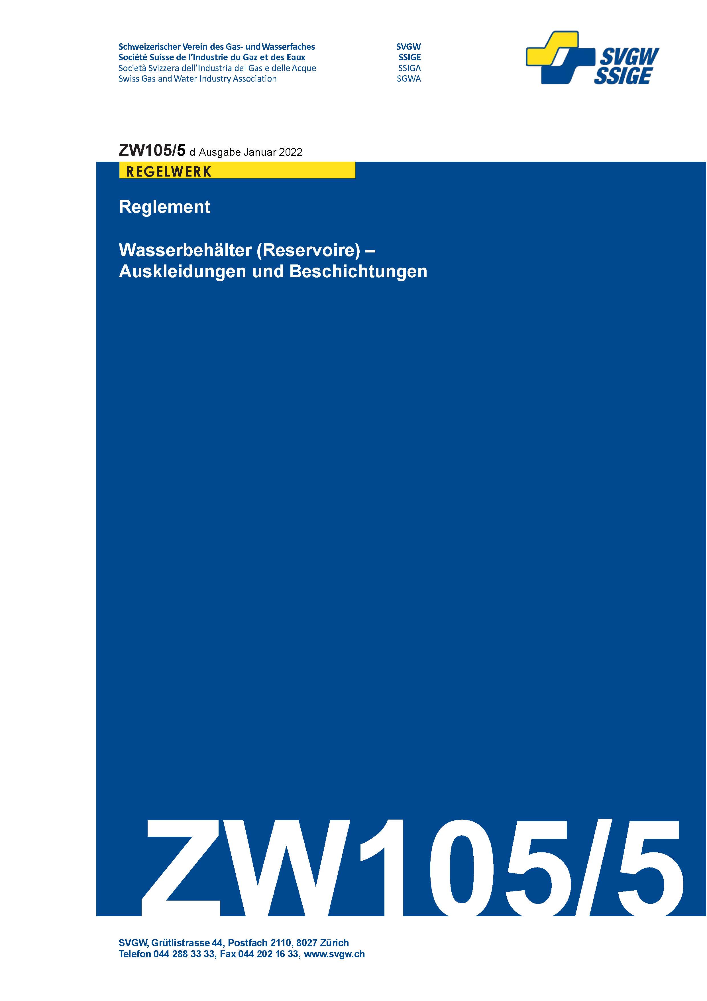 ZW105/5 d - Reglement; Wasserbehälter (Reservoire) - Auskleidungen und Beschichtungen