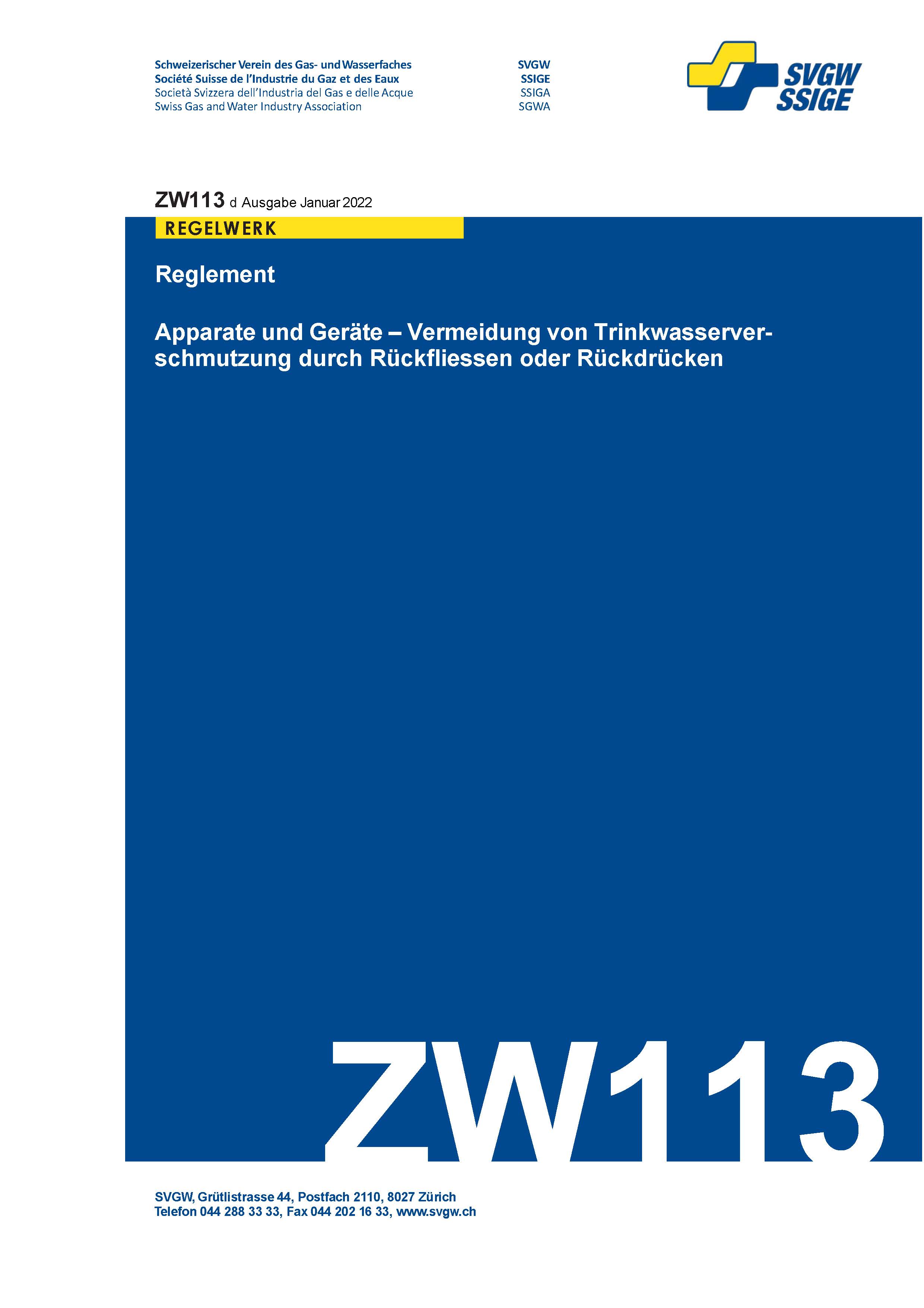 ZW113 d - Reglement; Apparate und Geräte - Vermeidung von Trinkwasserverschmutzung durch Rückfliessen oder Rückdrücken