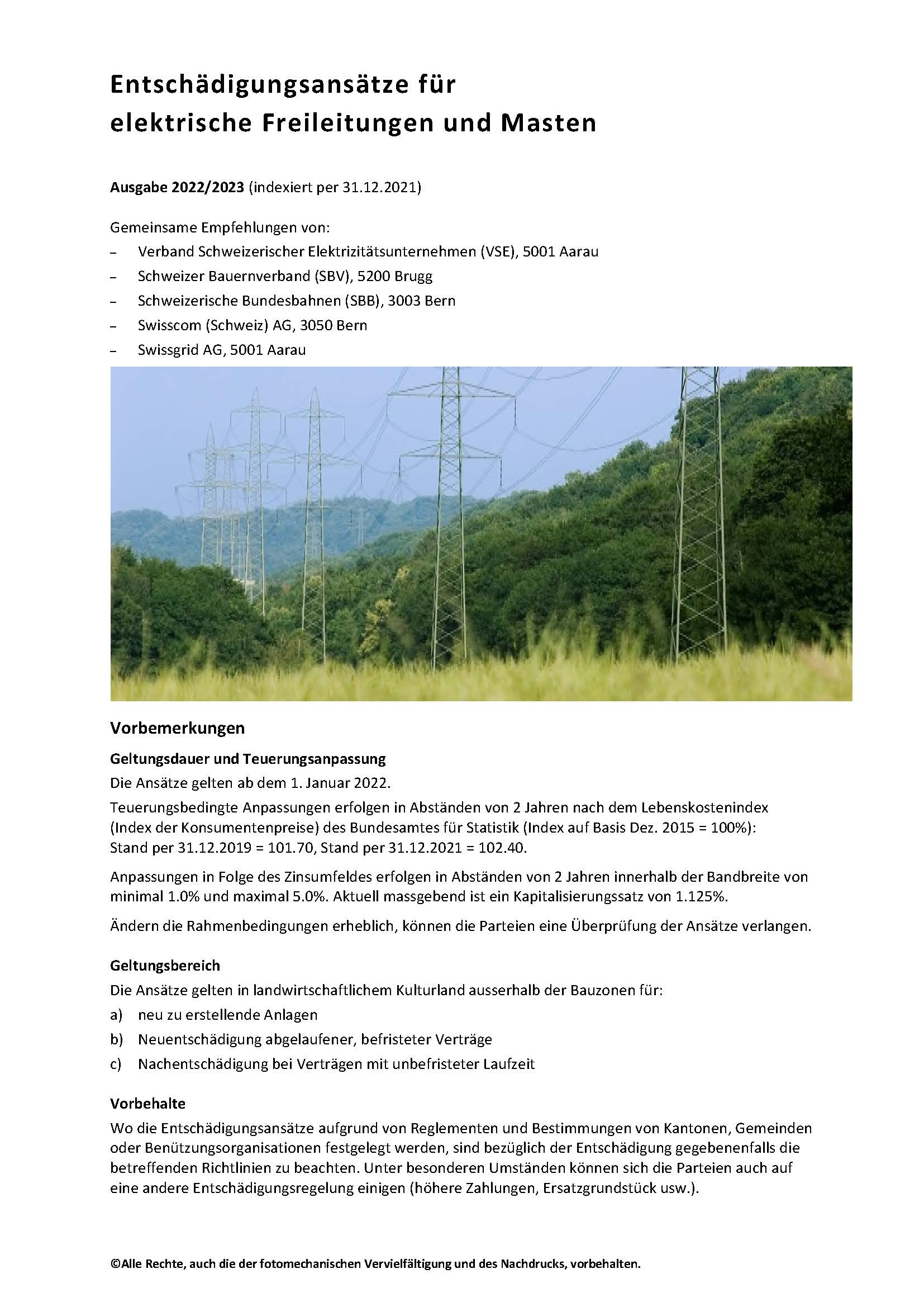 Entschädigungsansätze für elektrische Freileitungen und Masten - Ausgabe 2022/2023