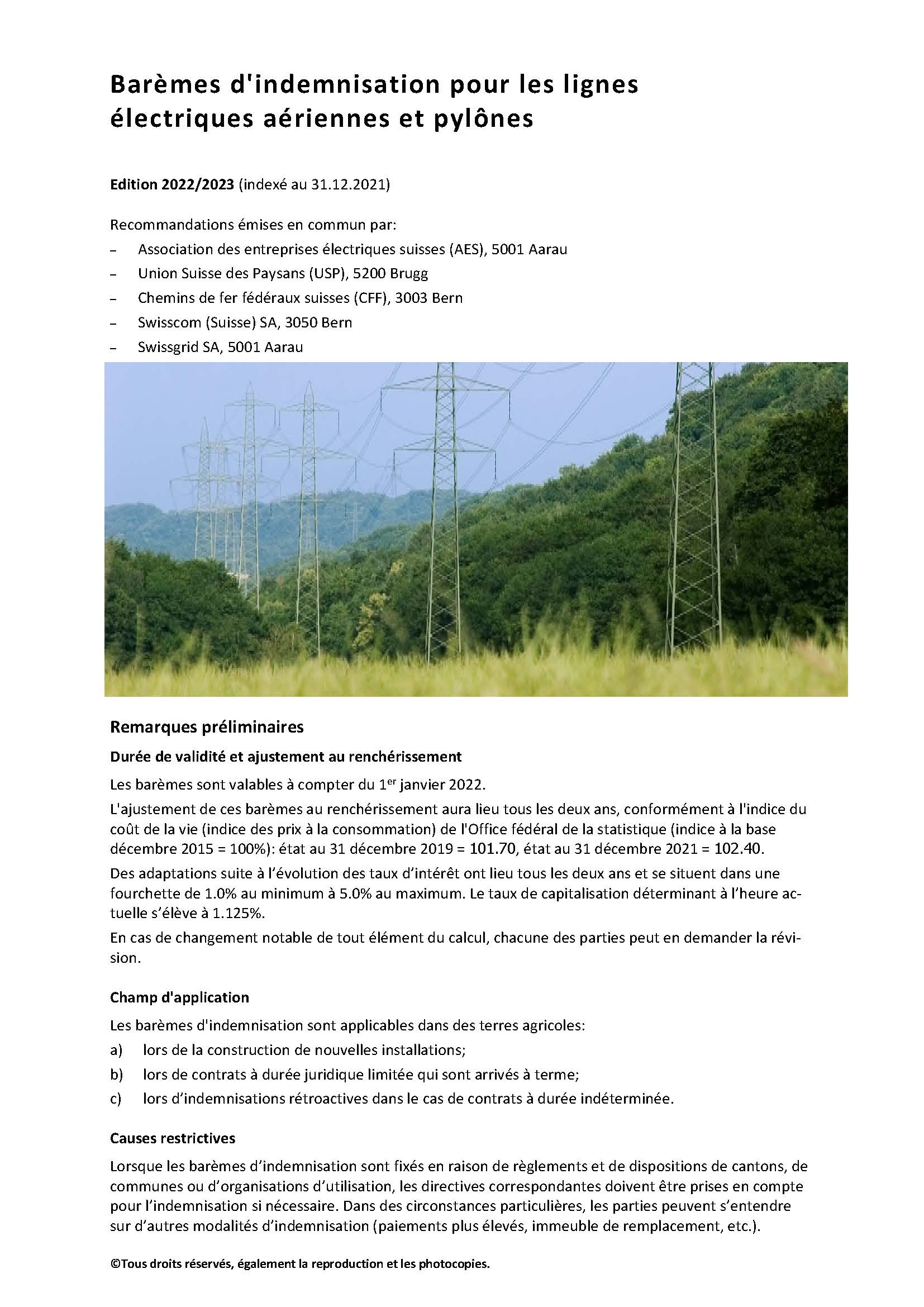Barèmes d'indemnisation pour les lignes électriques aériennes et pylônes - Édition 2022/2023